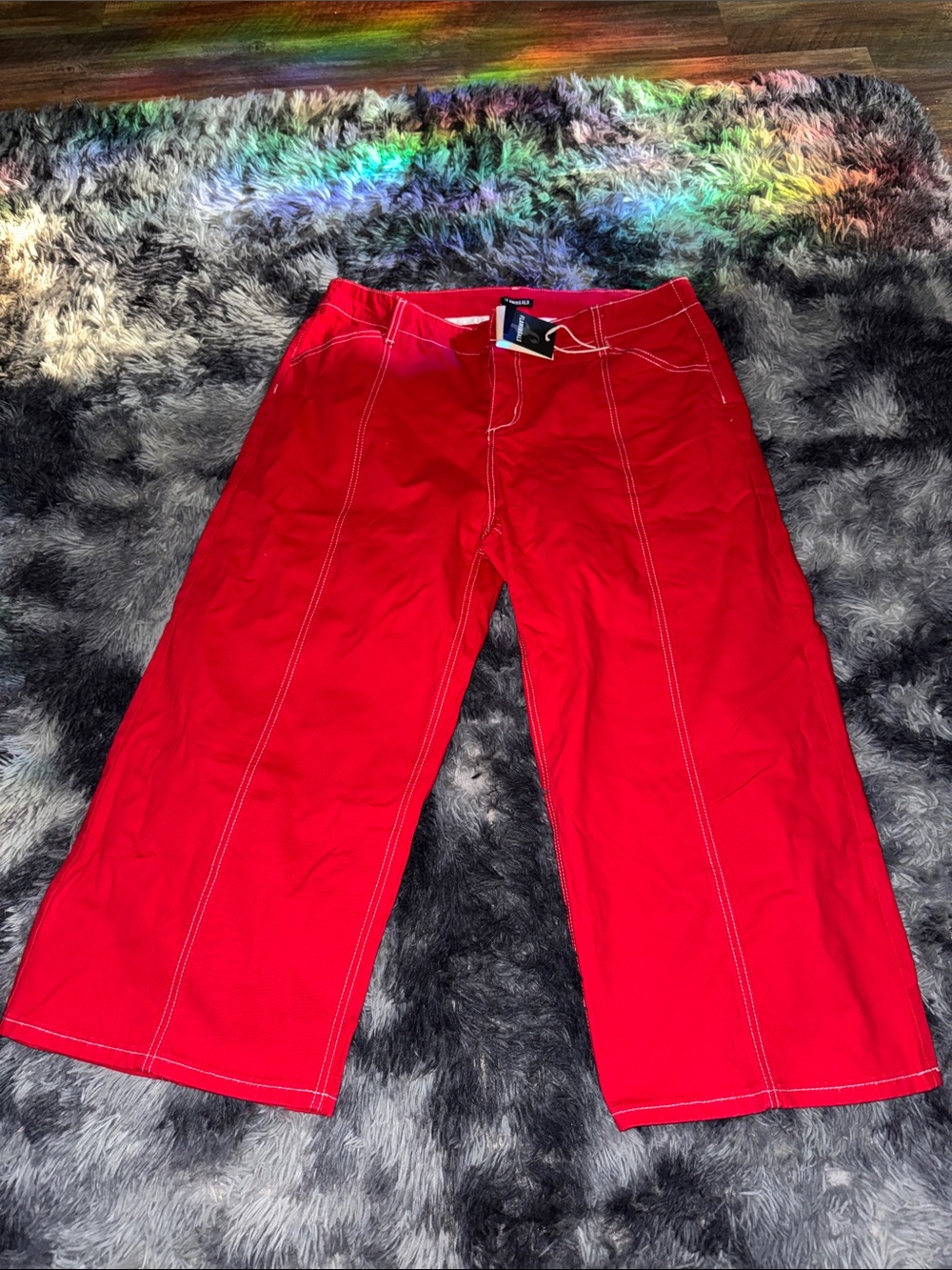 Cropped Red Women's Jeans with Contrast Stitching